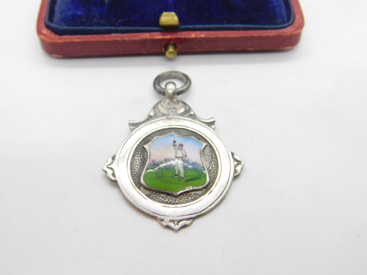 Sterling Silver & Enamel Cricket Bowling Fob Medal Antique 1928 Birmingham