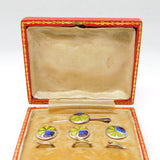 Art Nouveau Boxed Sterling Silver, Enamel Button & Brooch Set Antique c1910