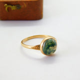 10ct Yellow Gold Cabochon Moss Agate Dress Ring Antique c1930 Art Deco