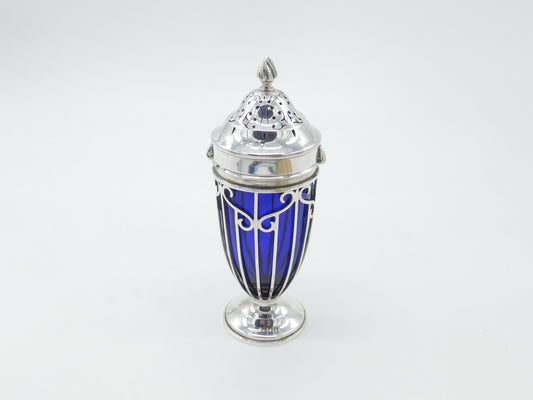 Edwardian Sterling Silver Blue Glass Lined Sugar Caster Antique 1905 London