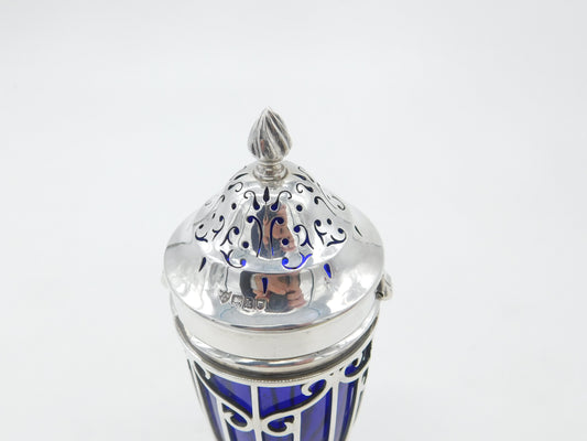 Edwardian Sterling Silver Blue Glass Lined Sugar Caster Antique 1905 London