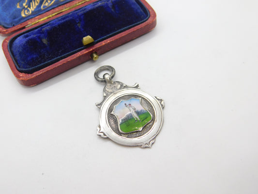 Sterling Silver & Enamel Cricket Bowling Fob Medal Antique 1928 Birmingham