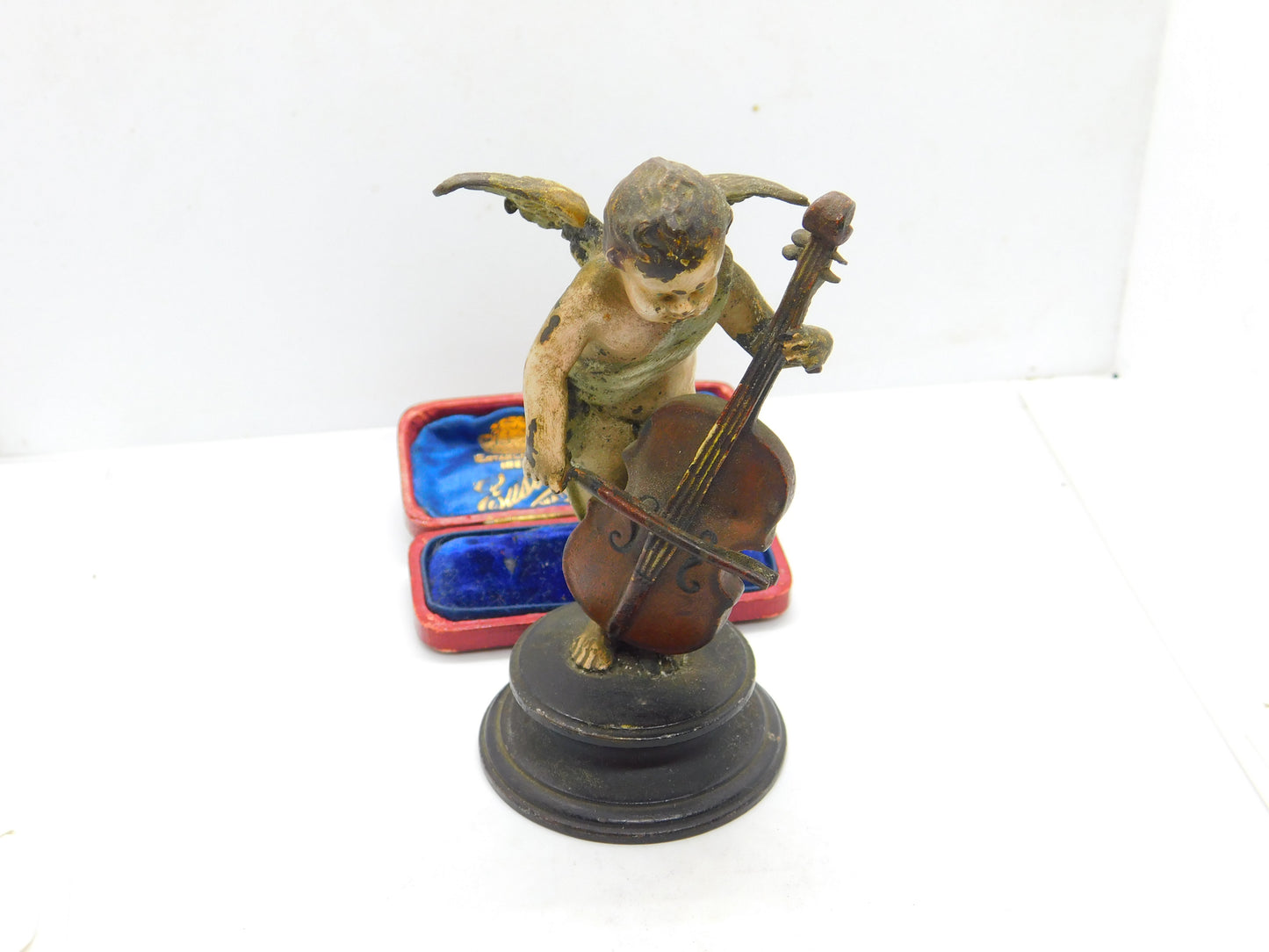 Victorian Cold Painted Vienna Bronze Cherub Playing Cello Sculpture Antique 1860