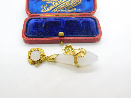 Early Victorian 18ct Gold, Carved Chalcedony & Emerald Floral Pendant c1840