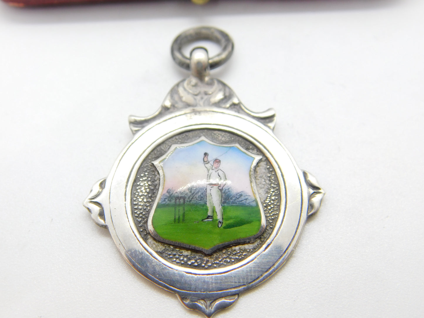 Sterling Silver & Enamel Cricket Bowling Fob Medal Antique 1928 Birmingham