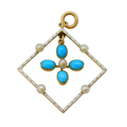 Edwardian 15ct Gold, White Enamel, Pearl & Turquoise Lavalier Pendant Antique c1910