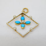 Edwardian 15ct Gold, White Enamel, Pearl & Turquoise Lavalier Pendant Antique c1910