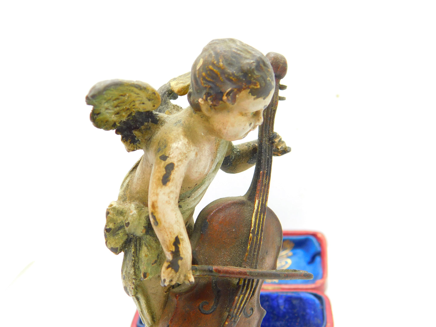 Victorian Cold Painted Vienna Bronze Cherub Playing Cello Sculpture Antique 1860