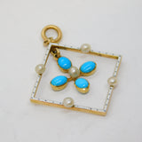 Edwardian 15ct Gold, White Enamel, Pearl & Turquoise Lavalier Pendant Antique c1910