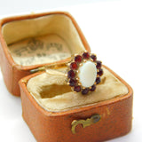 9ct Yellow Gold, Garnet & Cabochon Opal Floral Cluster Ring 1975 London
