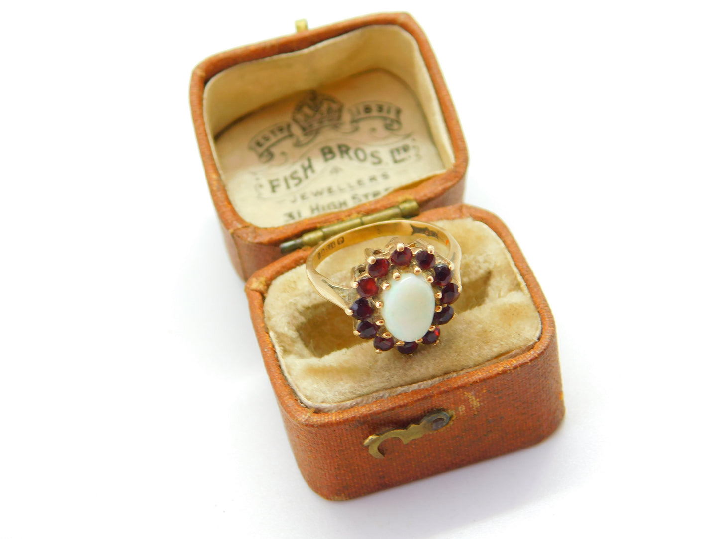 9ct Yellow Gold, Garnet & Cabochon Opal Floral Cluster Ring 1975 London