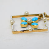 Edwardian 15ct Gold, White Enamel, Pearl & Turquoise Lavalier Pendant Antique c1910