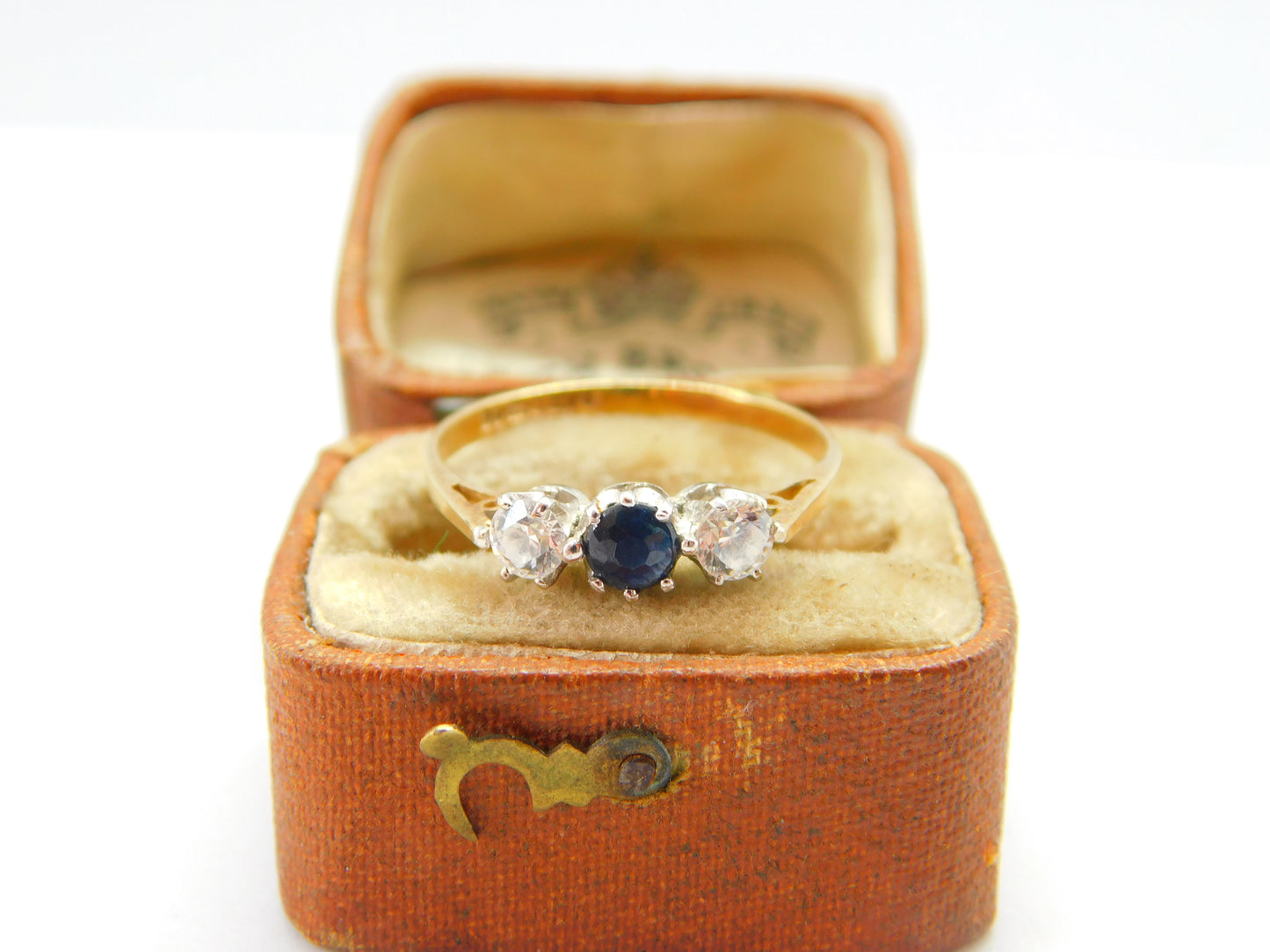 9ct Yellow Gold, Sapphire & Spinel Set Three-Stone Ring 1970 London Vintage