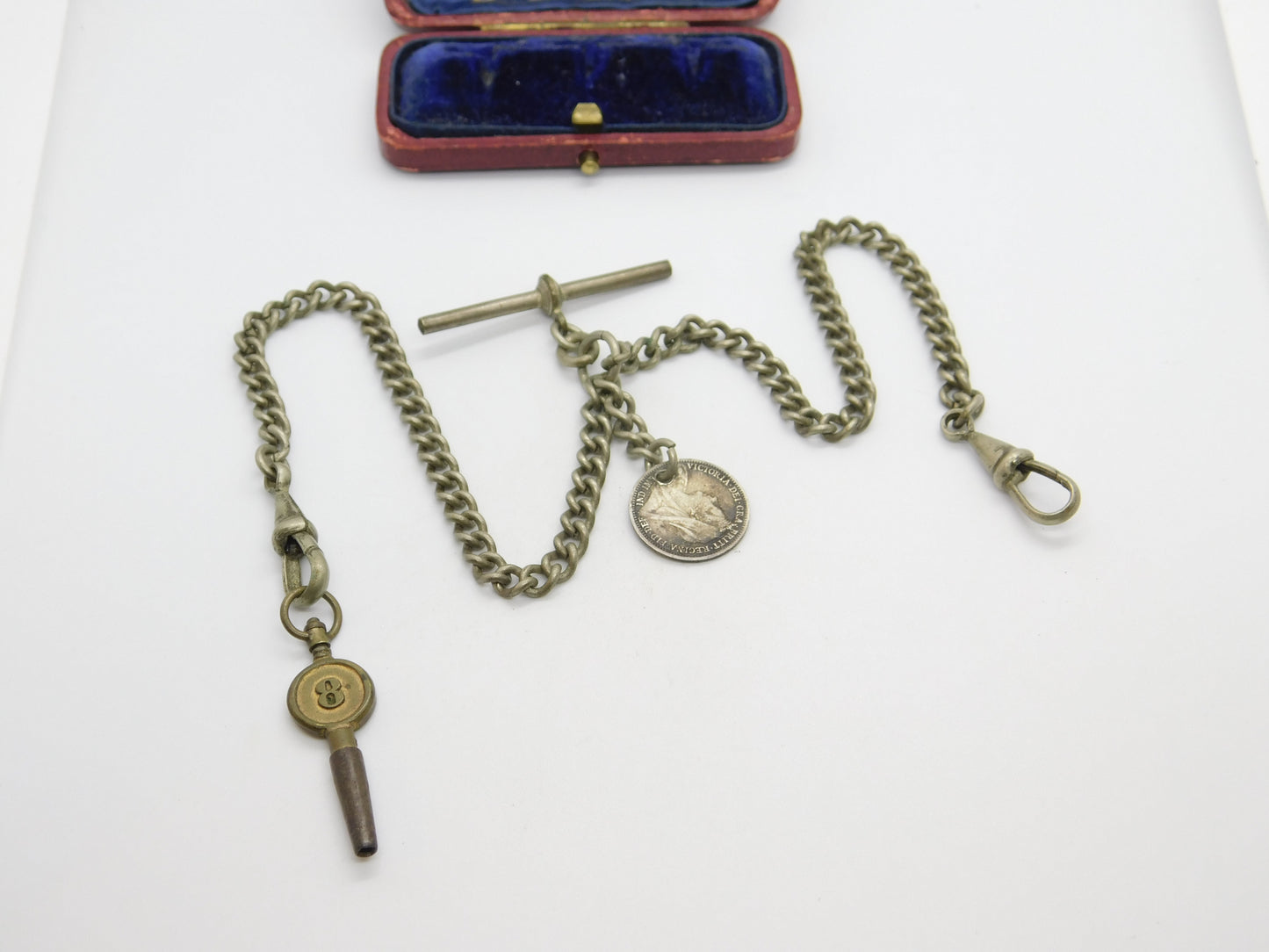 Victorian Silver Plated Double Albert Watch Chain with Threepence Coin 1901