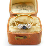 9ct Yellow Gold, Sapphire & Spinel Set Three-Stone Ring 1970 London Vintage