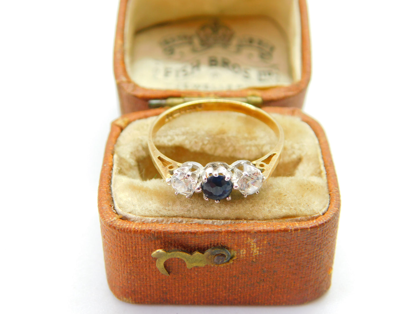 9ct Yellow Gold, Sapphire & Spinel Set Three-Stone Ring 1970 London Vintage