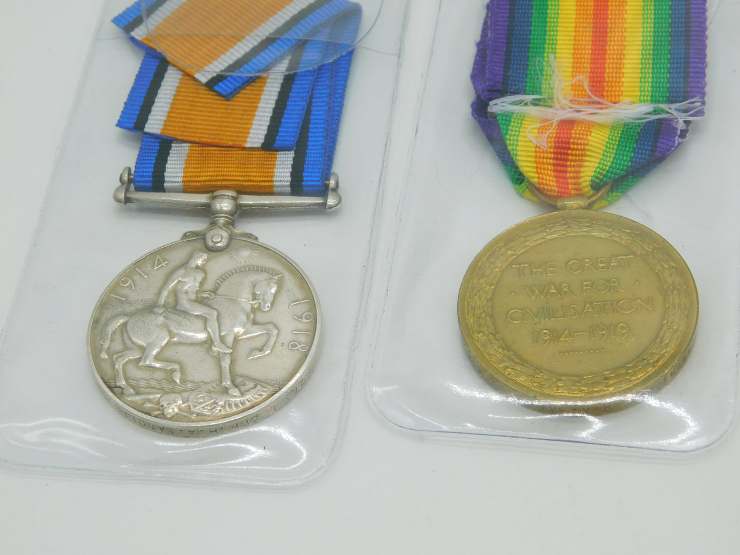 Pair of WW1 British Army Service Medals 97691 SPR H.A Sanders Antique 1918