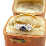 9ct Yellow Gold, Sapphire & Spinel Set Three-Stone Ring 1970 London Vintage