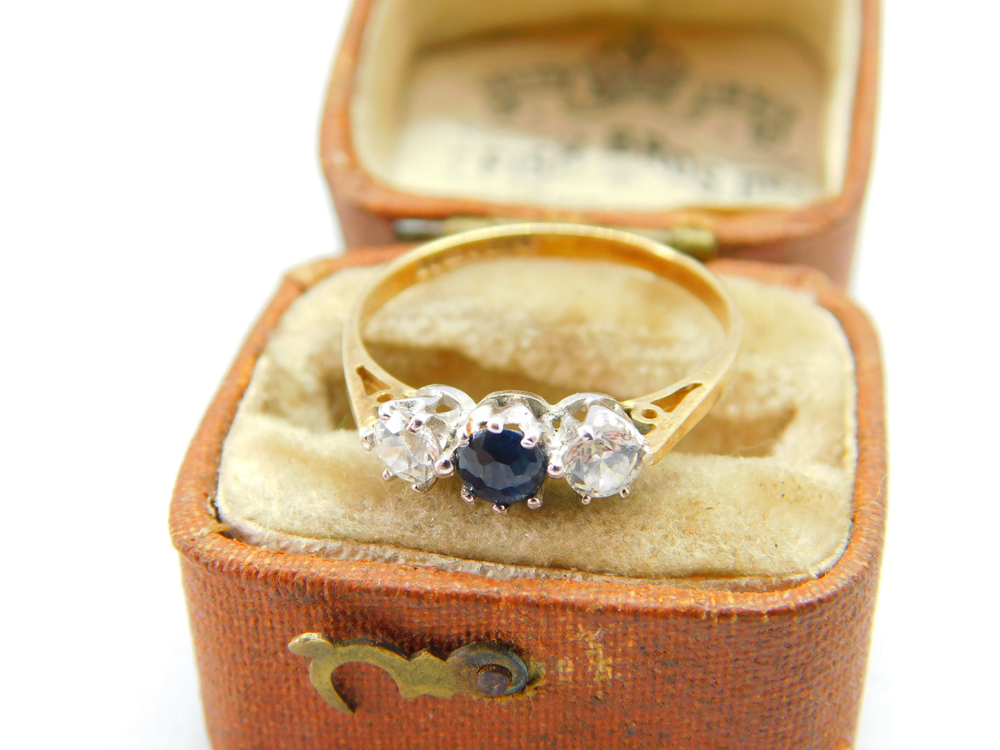 9ct Yellow Gold, Sapphire & Spinel Set Three-Stone Ring 1970 London Vintage