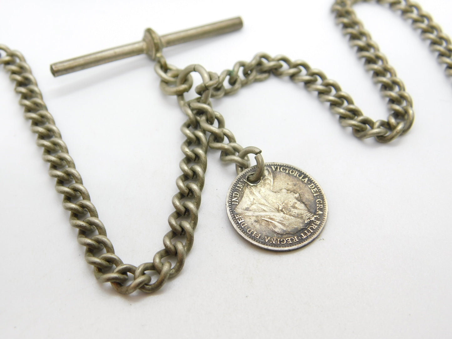 Victorian Silver Plated Double Albert Watch Chain with Threepence Coin 1901