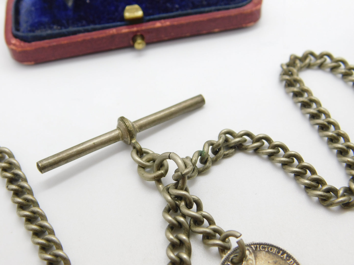 Victorian Silver Plated Double Albert Watch Chain with Threepence Coin 1901