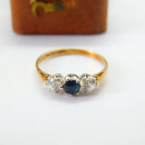 9ct Yellow Gold, Sapphire & Spinel Set Three-Stone Ring 1970 London Vintage