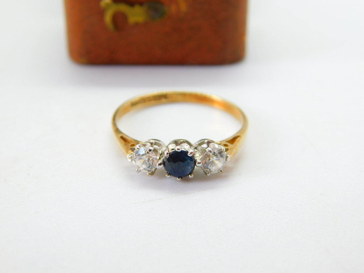 9ct Yellow Gold, Sapphire & Spinel Set Three-Stone Ring 1970 London Vintage