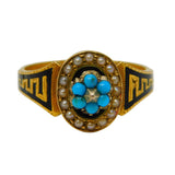 Victorian 18ct Gold, Black Enamel, Turquoise & Pearl Mourning Ring Antique 1889 Chester