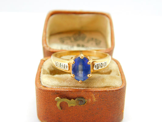 9ct Yellow Gold, Blue Spinel & Diamond Set Dress Ring Vintage 2007 Birmingham