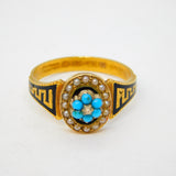 Victorian 18ct Gold, Black Enamel, Turquoise & Pearl Mourning Ring Antique 1889 Chester
