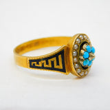 Victorian 18ct Gold, Black Enamel, Turquoise & Pearl Mourning Ring Antique 1889 Chester