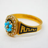 Victorian 18ct Gold, Black Enamel, Turquoise & Pearl Mourning Ring Antique 1889 Chester