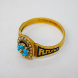 Victorian 18ct Gold, Black Enamel, Turquoise & Pearl Mourning Ring Antique 1889 Chester