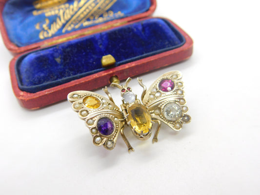 Austro-Hungarian .800 Silver, Pearl & Paste Butterfly Clip Brooch Antique c1880