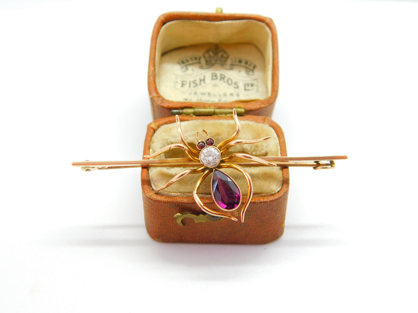 Edwardian 9ct Gold, 0.2ct Diamond & Almandine Garnet Spider Insect Brooch c1910