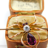 Edwardian 9ct Gold, 0.2ct Diamond & Almandine Garnet Spider Insect Brooch c1910