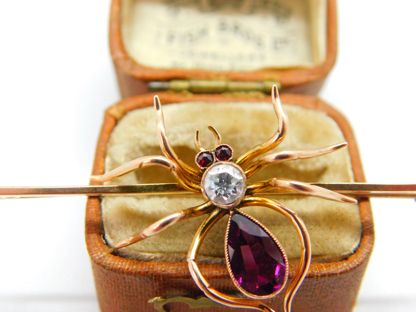 Edwardian 9ct Gold, 0.2ct Diamond & Almandine Garnet Spider Insect Brooch c1910