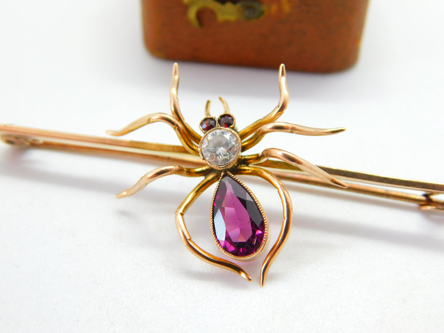 Edwardian 9ct Gold, 0.2ct Diamond & Almandine Garnet Spider Insect Brooch c1910