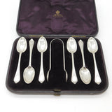 Boxed Victorian Set of Floral Sterling Silver Teaspoons & Tongs 1882 London