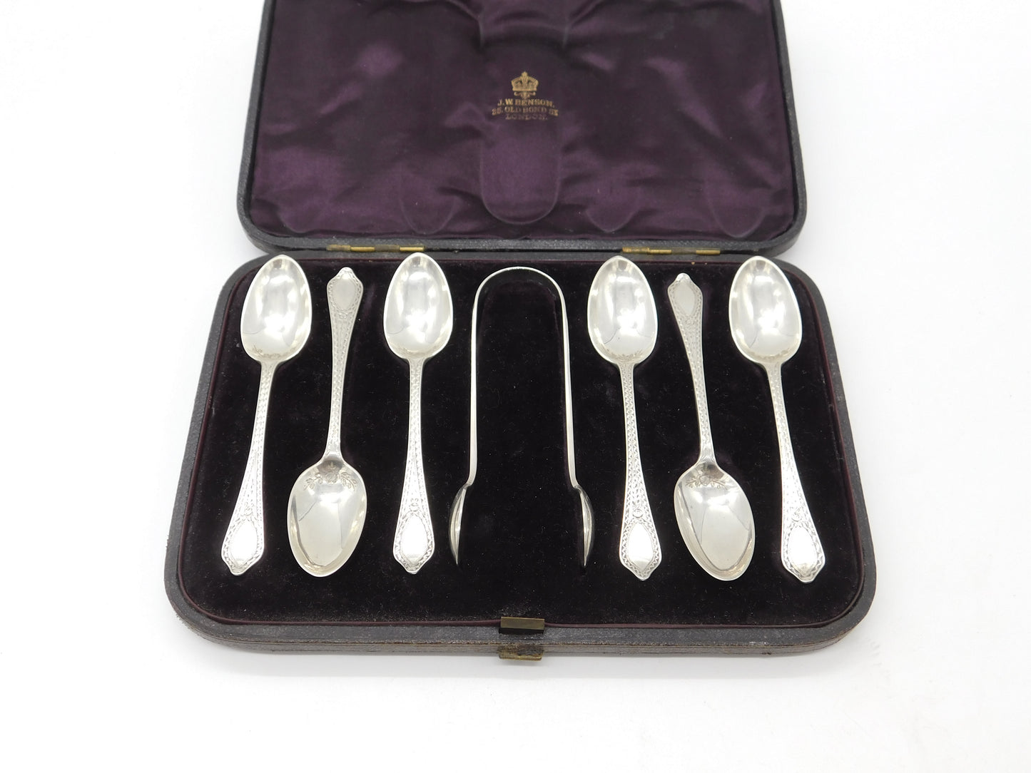 Boxed Victorian Set of Floral Sterling Silver Teaspoons & Tongs 1882 London