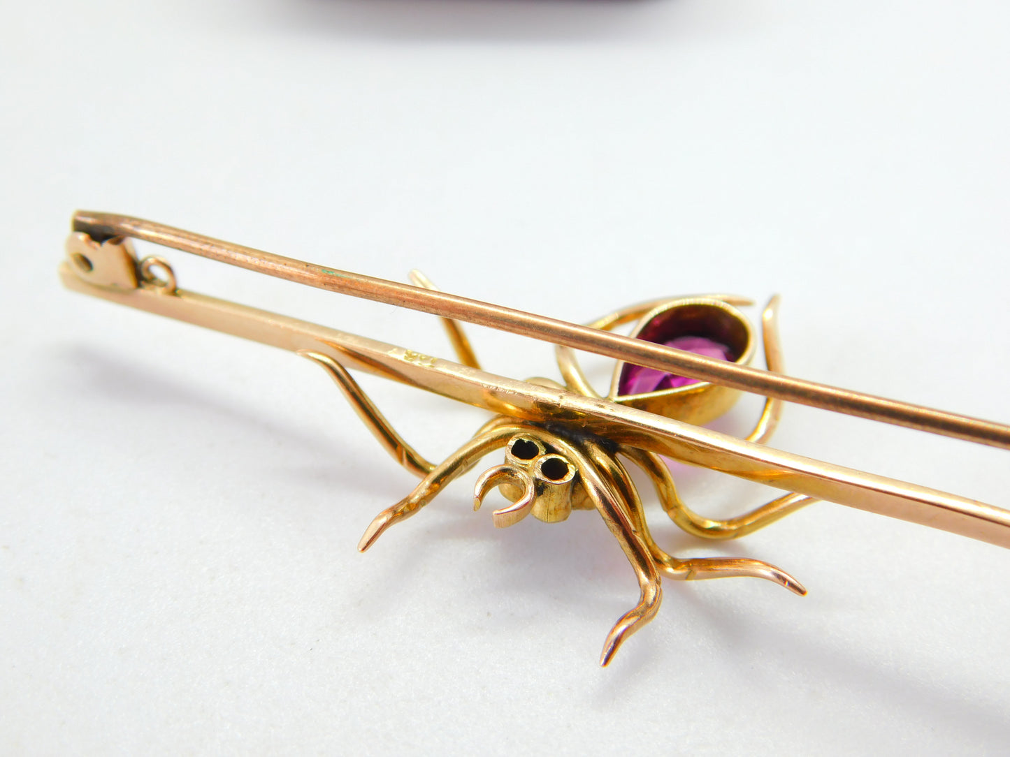 Edwardian 9ct Gold, 0.2ct Diamond & Almandine Garnet Spider Insect Brooch c1910