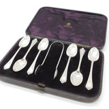Boxed Victorian Set of Floral Sterling Silver Teaspoons & Tongs 1882 London