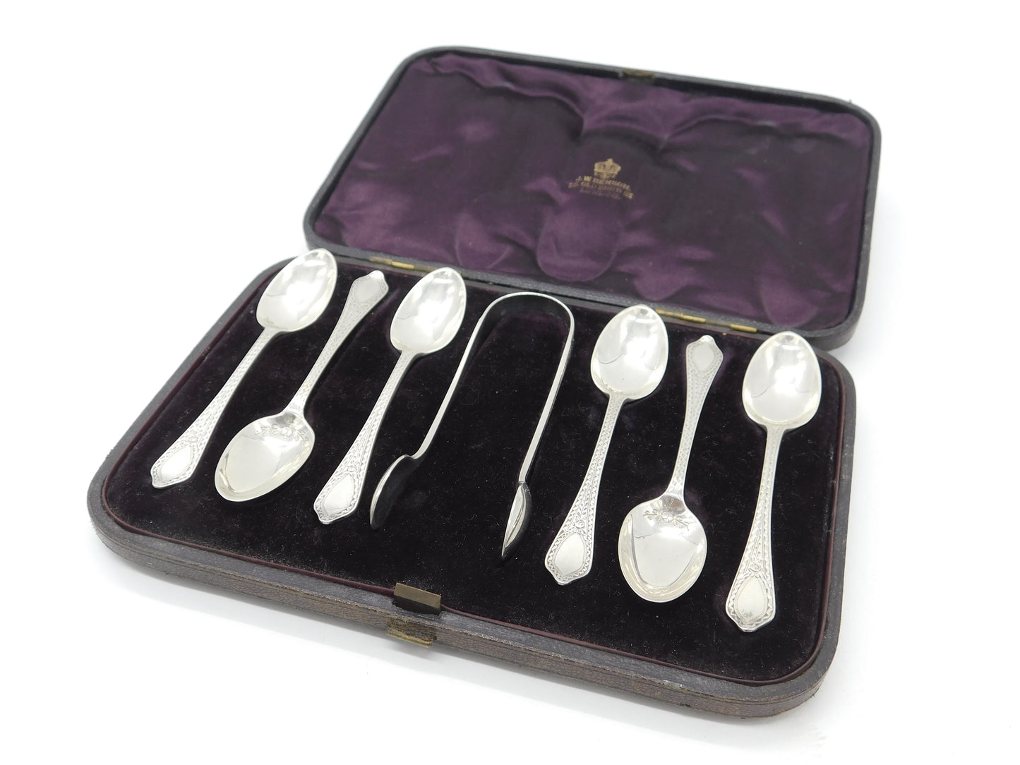 Boxed Victorian Set of Floral Sterling Silver Teaspoons & Tongs 1882 London