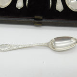 Boxed Victorian Set of Floral Sterling Silver Teaspoons & Tongs 1882 London