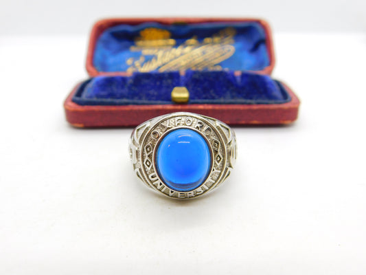 Sterling Silver Blue Cabochon Set 'Oxford University' Graduation Ring Vintage