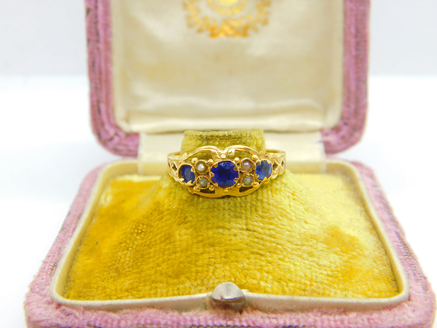 18ct Yellow Gold, Sapphire & Pearl Boat Ring 1911 Chester Antique Art Deco