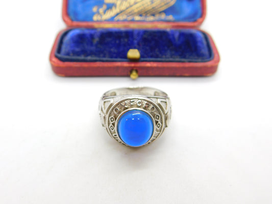 Sterling Silver Blue Cabochon Set 'Oxford University' Graduation Ring Vintage