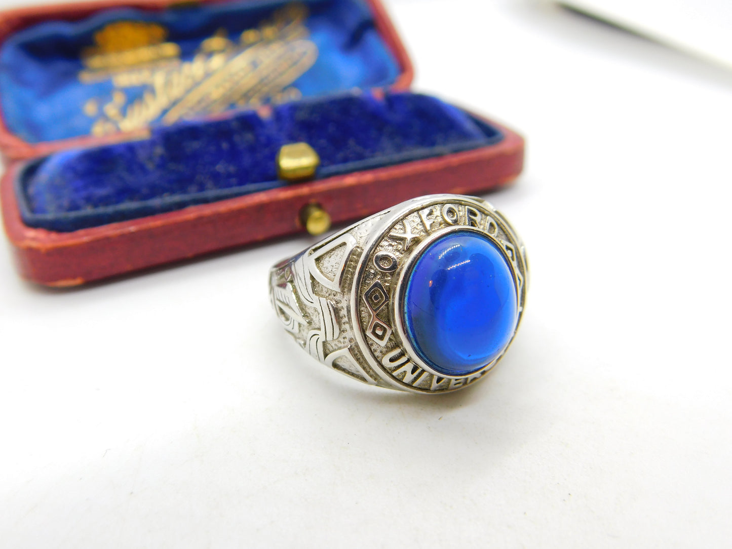 Sterling Silver Blue Cabochon Set 'Oxford University' Graduation Ring Vintage