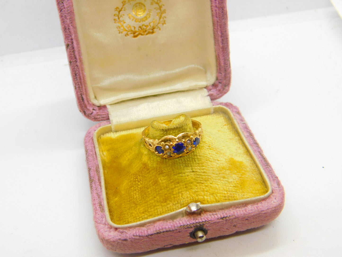 18ct Yellow Gold, Sapphire & Pearl Boat Ring 1911 Chester Antique Art Deco