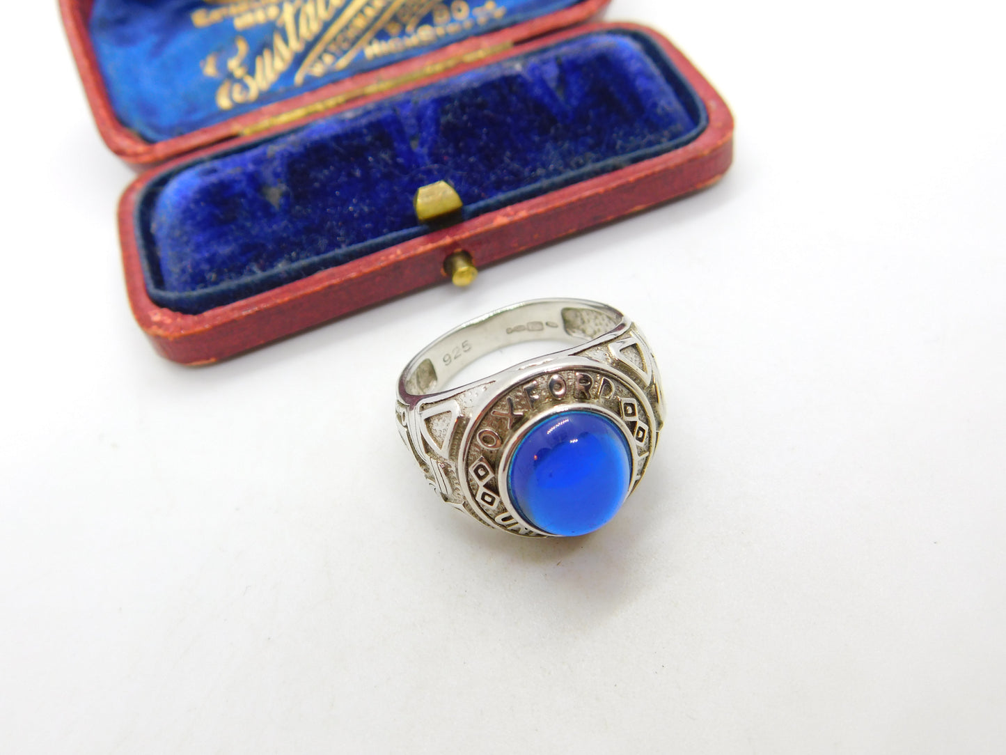 Sterling Silver Blue Cabochon Set 'Oxford University' Graduation Ring Vintage